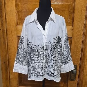 Christopher & Banks Resortwear  Black and White Short Sleeve Button Down Shirt L